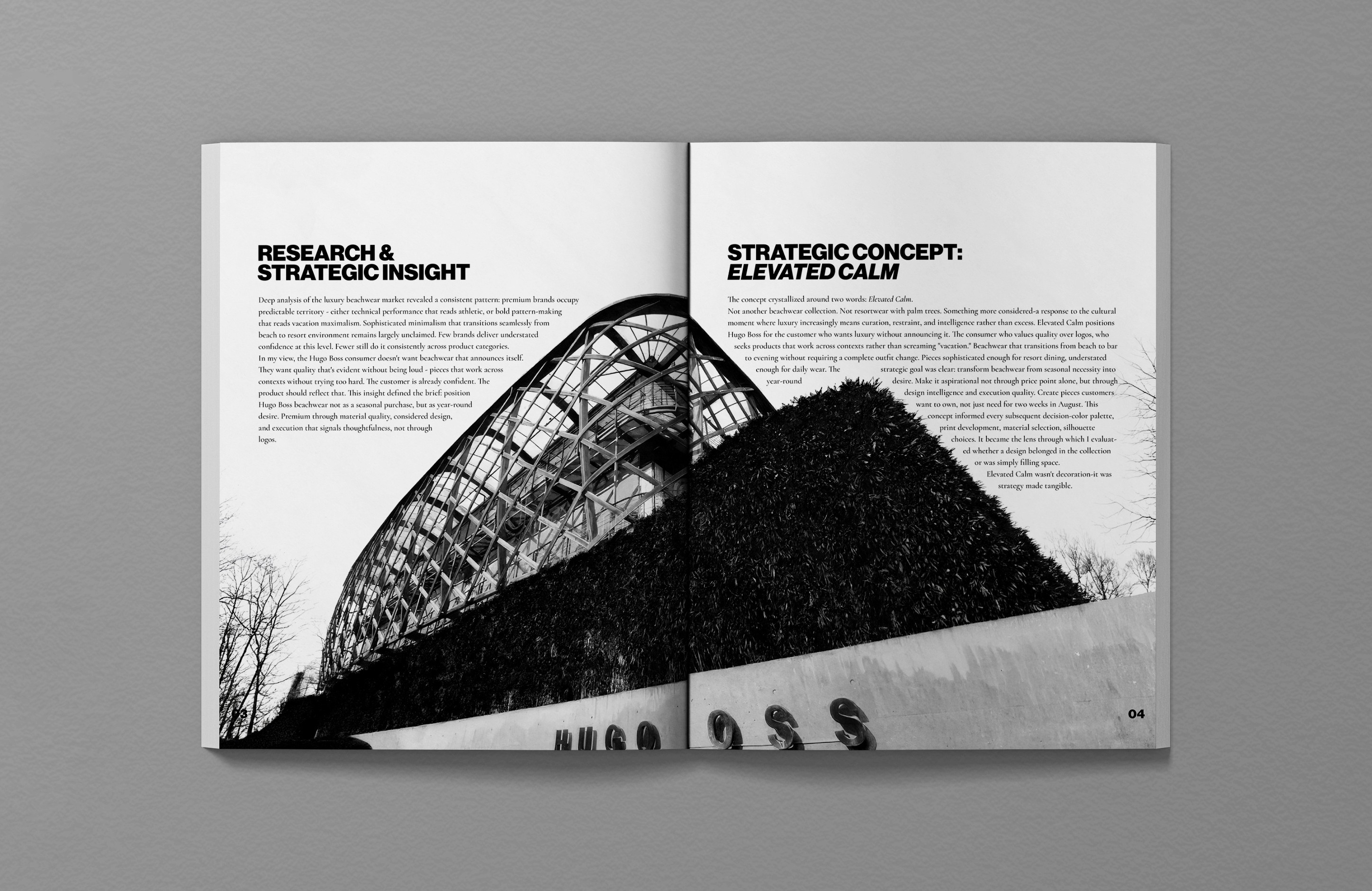 Hugo Boss SS26 editorial spread, Hugo Boss architectural branding, Research & Strategic Insight and Strategic Concept Elevated Calm text