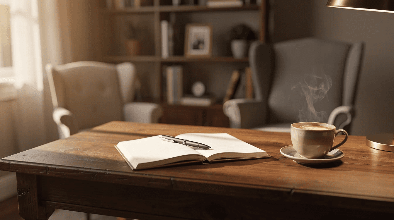The image depicts a warm and inviting office featuring a wooden desk with an open notebook and a steaming cup of coffee, creating a cozy atmosphere ideal for personal planning conversations about private equity investments. This setting suggests a focus on strategic discussions related to investment opportunities and portfolio management in the private equity market.