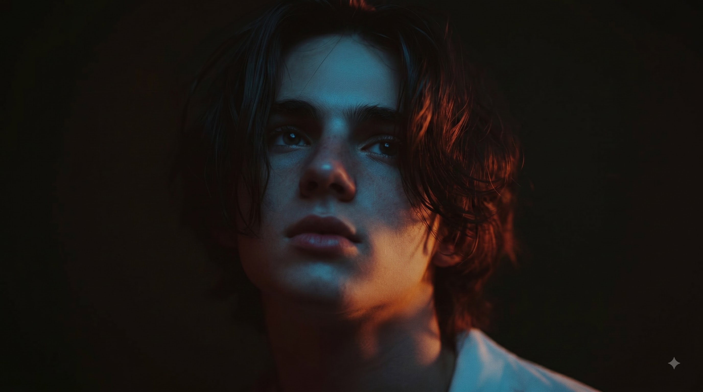 Dramatic portrait of a young man lit by contrasting blue and warm orange lights against a dark, moody background.