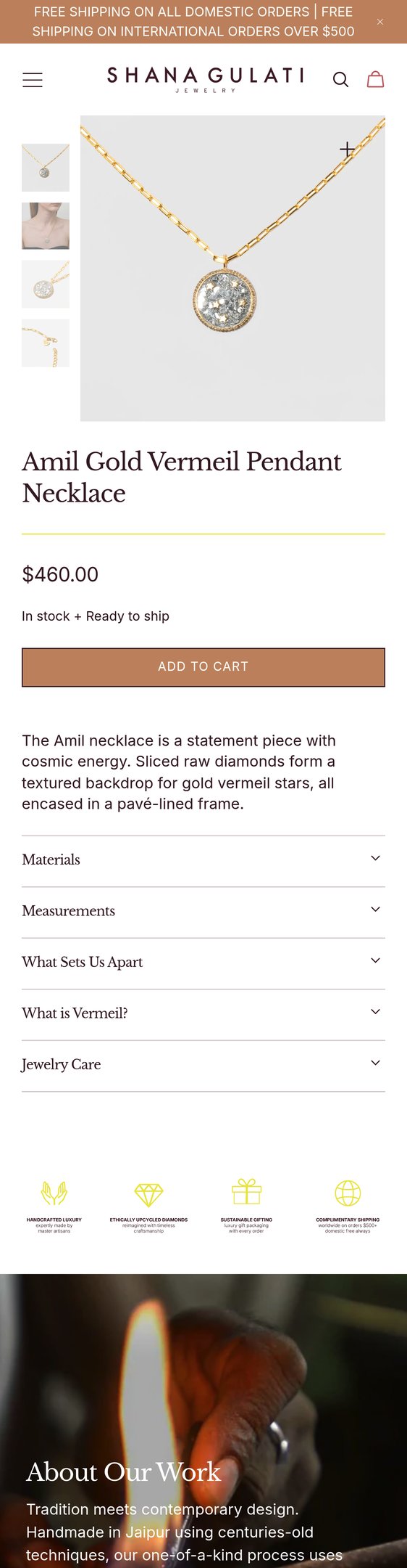 Jewelry product options include: necklace, pendant for Amil Gold Vermeil Pendant Necklace from Shana Gulati Jewelry.