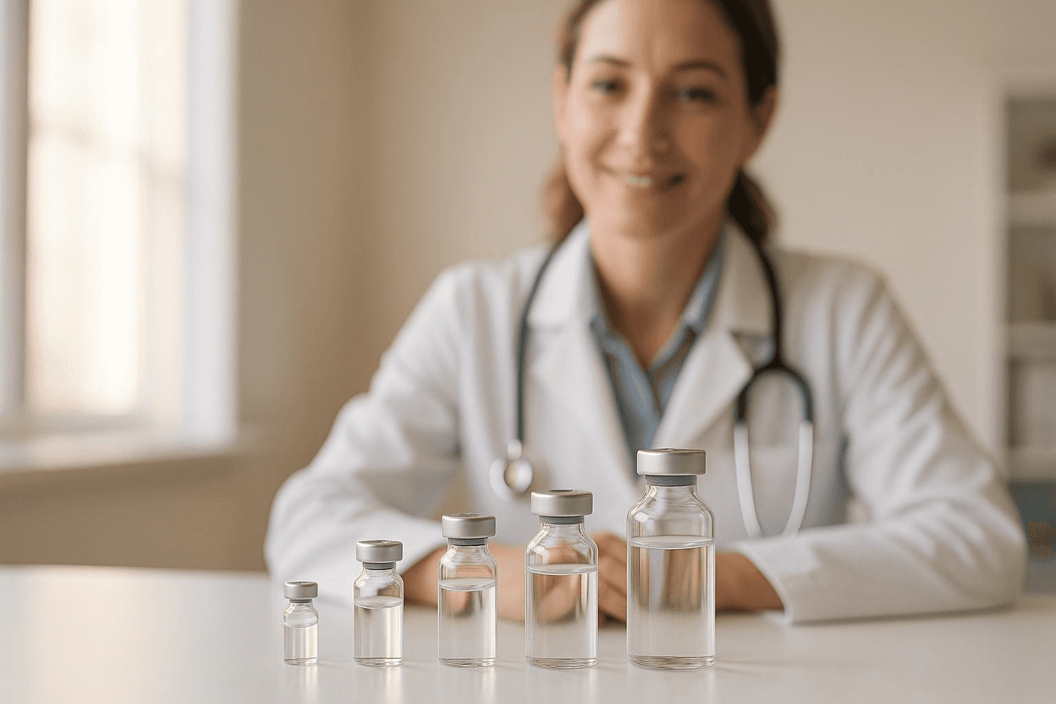 Various sized vials infront of lady doctor - Titrating Medication Examples