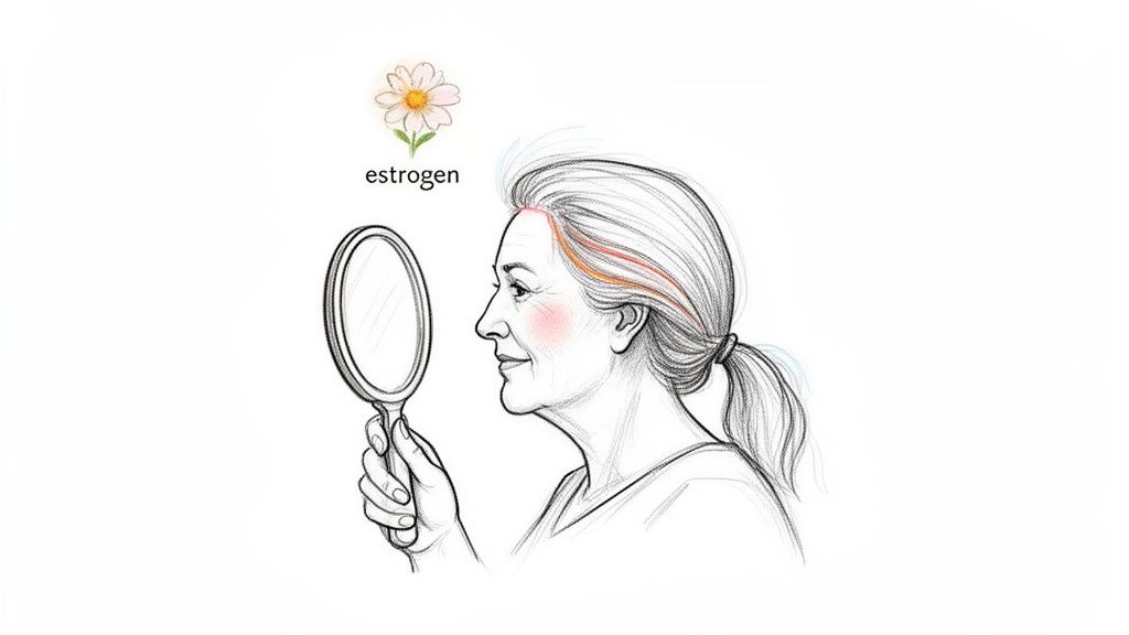 Illustration of an older woman looking in a mirror, with 'estrogen' and a flower above her head.