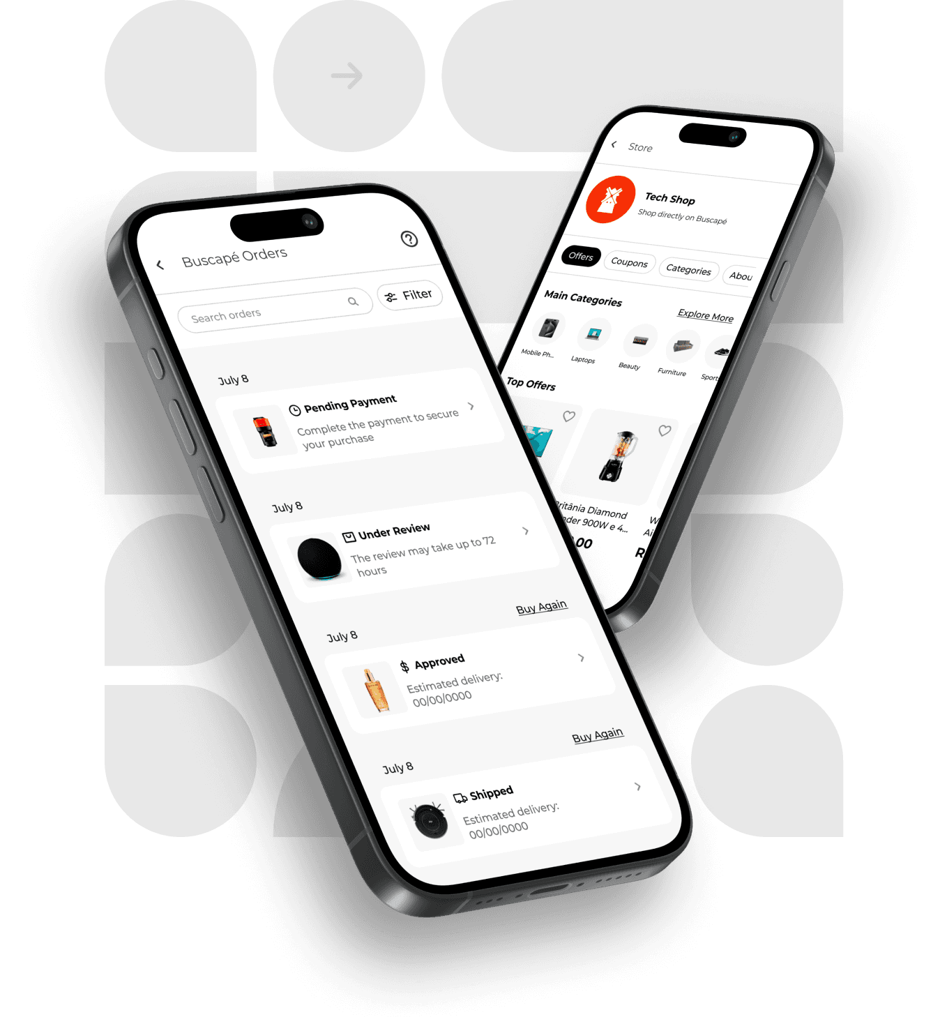 Dois smartphones exibindo aplicativos de compras online. Na tela do primeiro, observamos a interface da página de pedidos efetuados e na tela do segundo, a página do lojista .