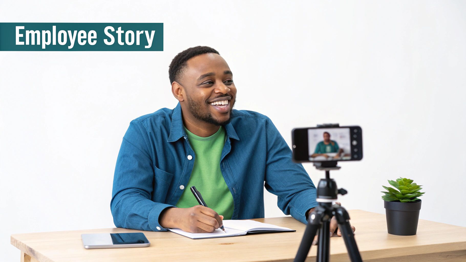 A smiling Black man filming an employee story, writing in a notebook at a desk.