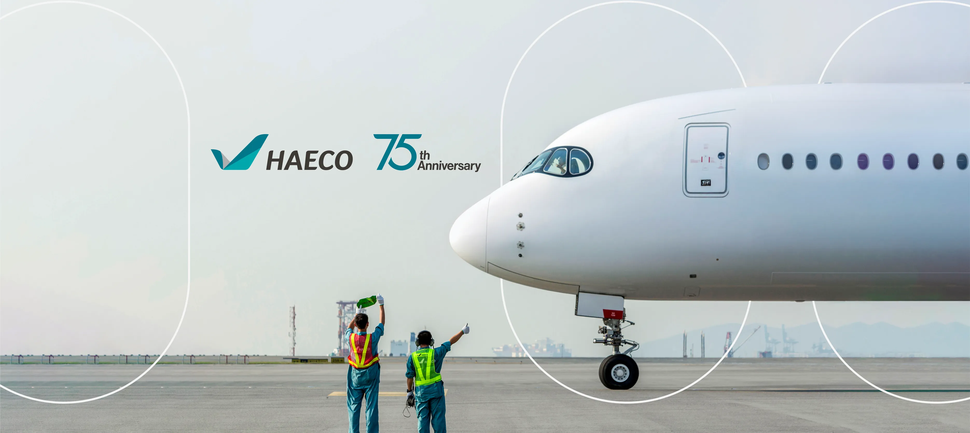 HAECO visual identity application – aircraft and facility photography in blue-green tones by Teatime Studio.