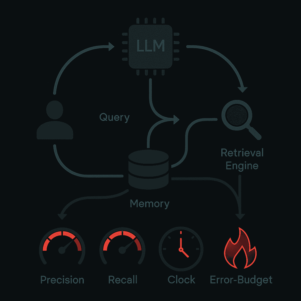 Flow diagram of retrieval monitoring loop measuring precision, recall and drift with feedback to update memory store.