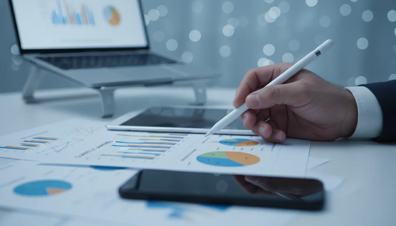 DSLR photograph, close-up shot of a man's hand using a white stylus to point at a printed financial report with colorful bar graphs and pie charts. The report lies on a modern office desk, partially covering a digital tablet. In the foreground, a smartphone and other data visualization documents are softly blurred. In the background, a laptop on a stand is out of focus, creating a deep bokeh effect. The image has cinematic contrast and soft, diffused lighting with a cool blue color grade, emphasizing a professional, analytical mood. Shallow depth of field with sharp focus on the hand and stylus.