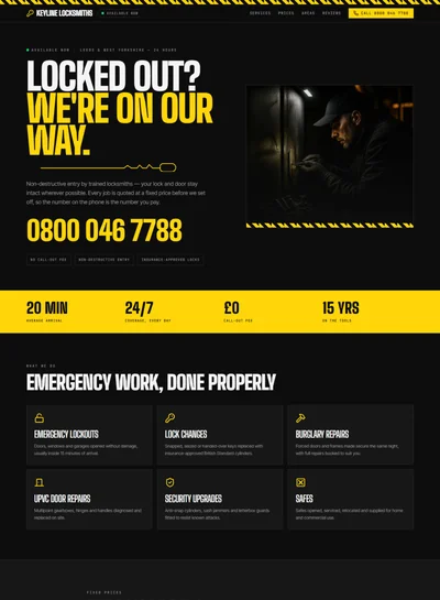 Locksmith website built with AI showing a black and yellow emergency hero, response time strip and service cards