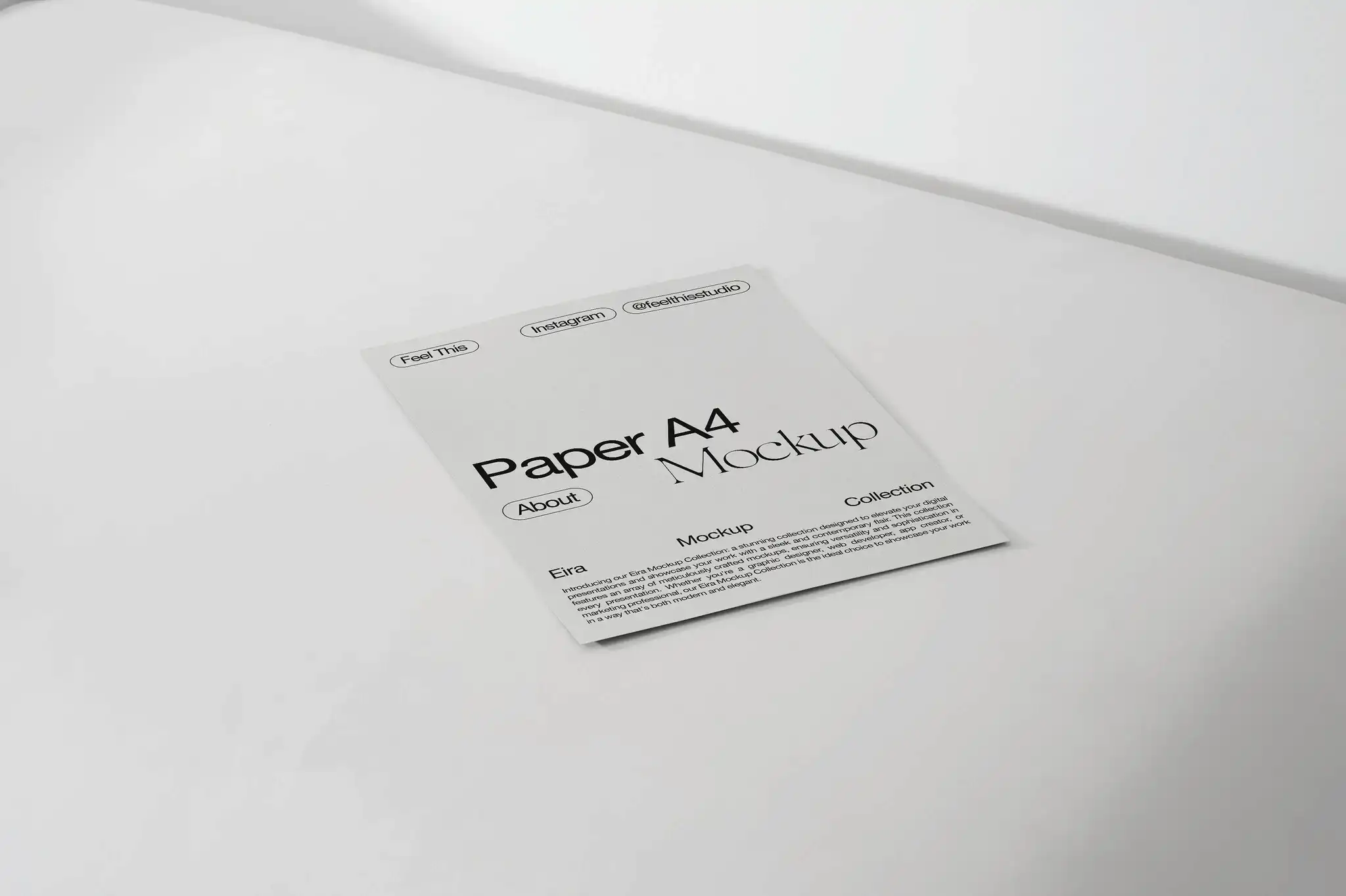 A4 paper mockup placed on a clean white surface. The black sheet features elegant typography, creating a striking contrast that highlights a modern, professional design layout.