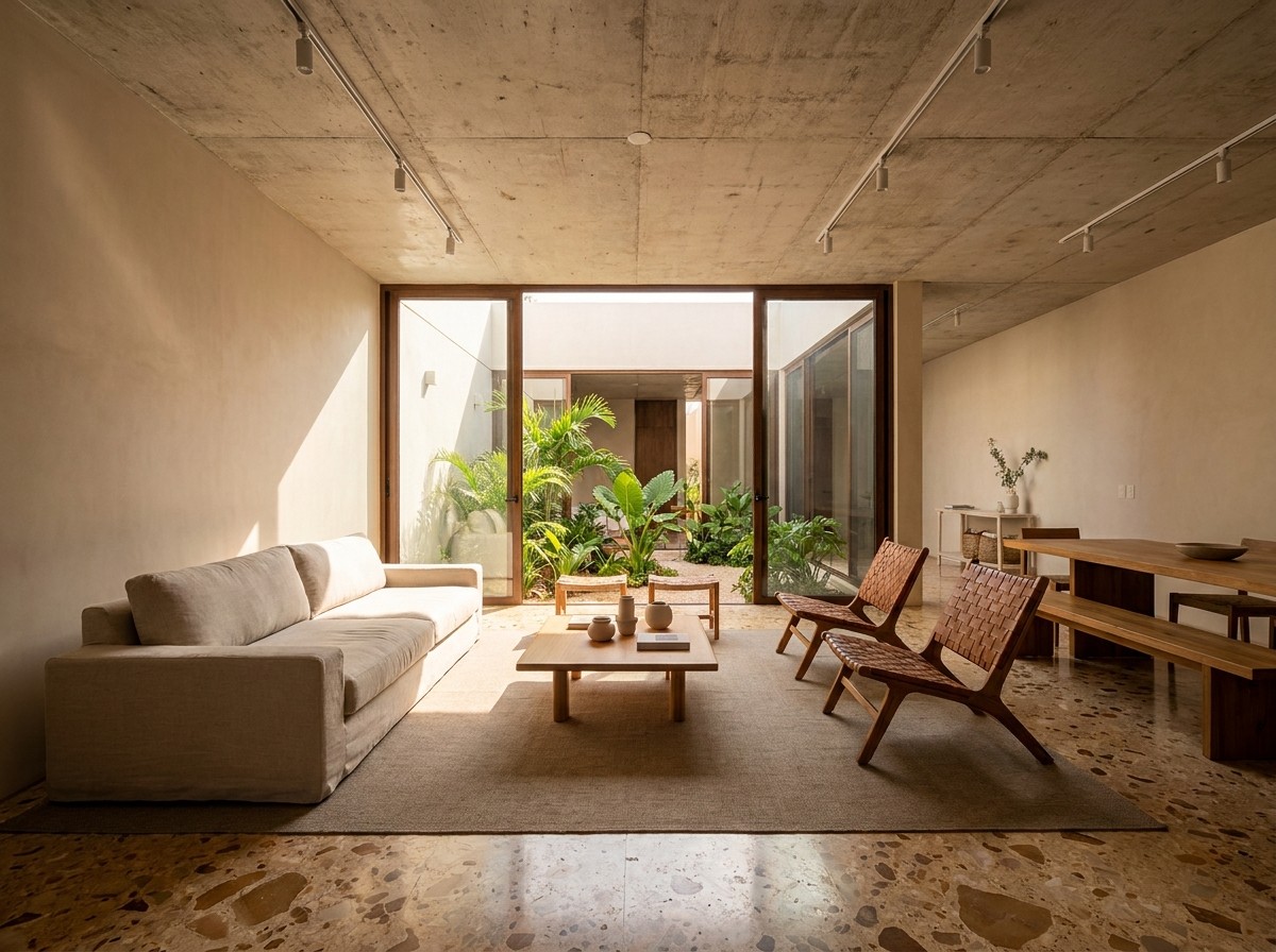 Interior de planta abierta de una casa a la medida en Mérida con techo de concreto aparente y patio central
