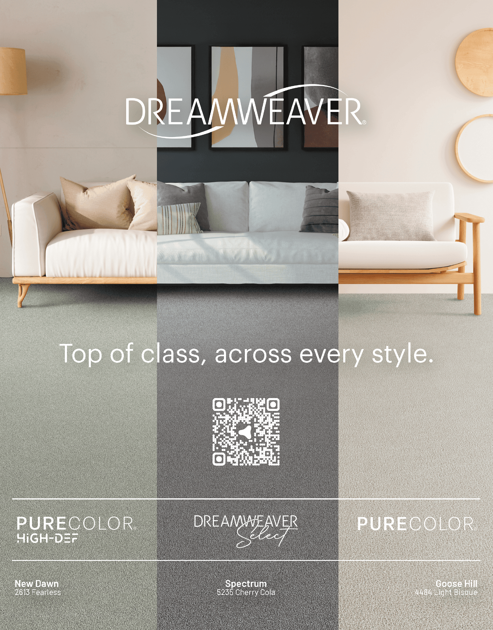 Carpet advertisement with three vertical room slices beneath the headline ‘Top of class, across every style.’