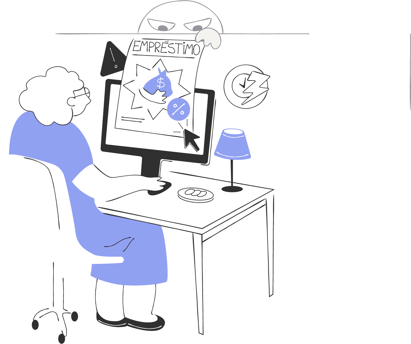 Ilustração de uma pessoa idosa sendo atraída por uma oferta fraudulenta de empréstimo com condições facilitadas no computador, enquanto um criminoso age nos bastidores para cobrar uma taxa antecipada que nunca resultará no benefício prometido.