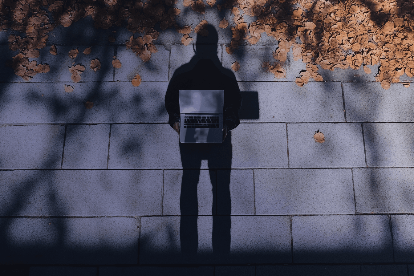 Shadow of a person cast over laptop on ground