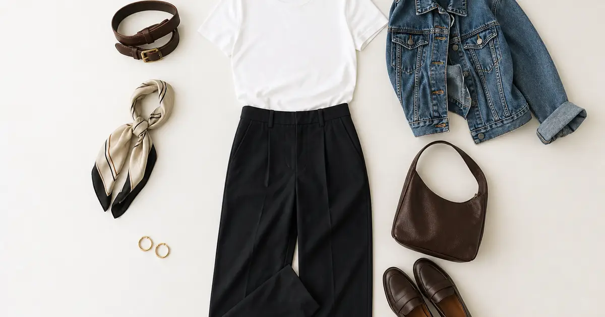 White tee and dark trousers surrounded by a leather belt, silk scarf, gold hoops, brown bag, loafers, and denim jacket