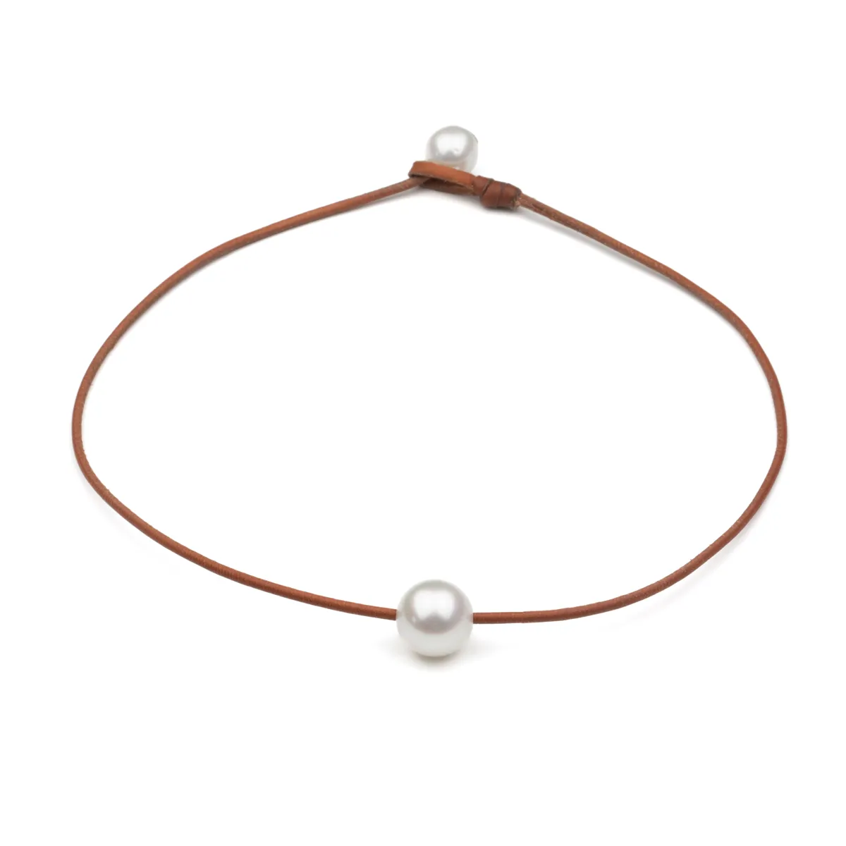 South Sea Pearl leather choker necklace with tan cord and pearl toggle closure — Manos de Oro Saint Barth