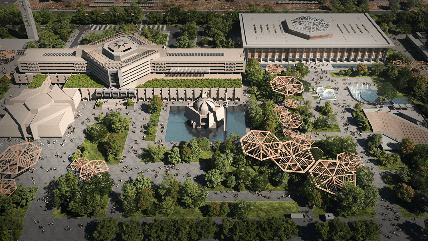 External render of a building compound with fountains and trees leading to diverse buildings