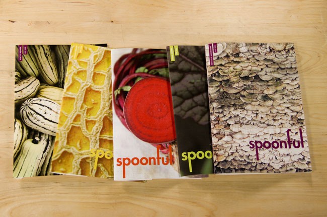 Five books are arranged side by side on a light wooden surface. From left to right, the titles are “spoonful”, “spoonful”, “spoonful”, “spoonful”, and “spoonful”. The covers feature images of spoons and food items.