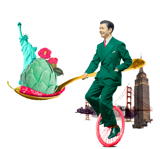 Hombre en monociclo con cuchara, Estatua de la Libertad y Puente Golden Gate, surrealismo creativo.