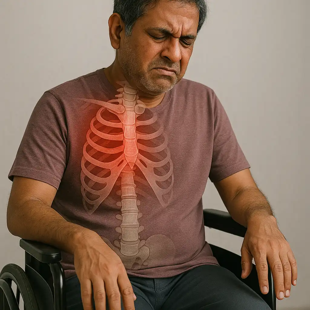 An adult in a wheelchair showing chest and upper-spine pain, illustrated with an overlay of the ribcage and spine glowing at the injury site.