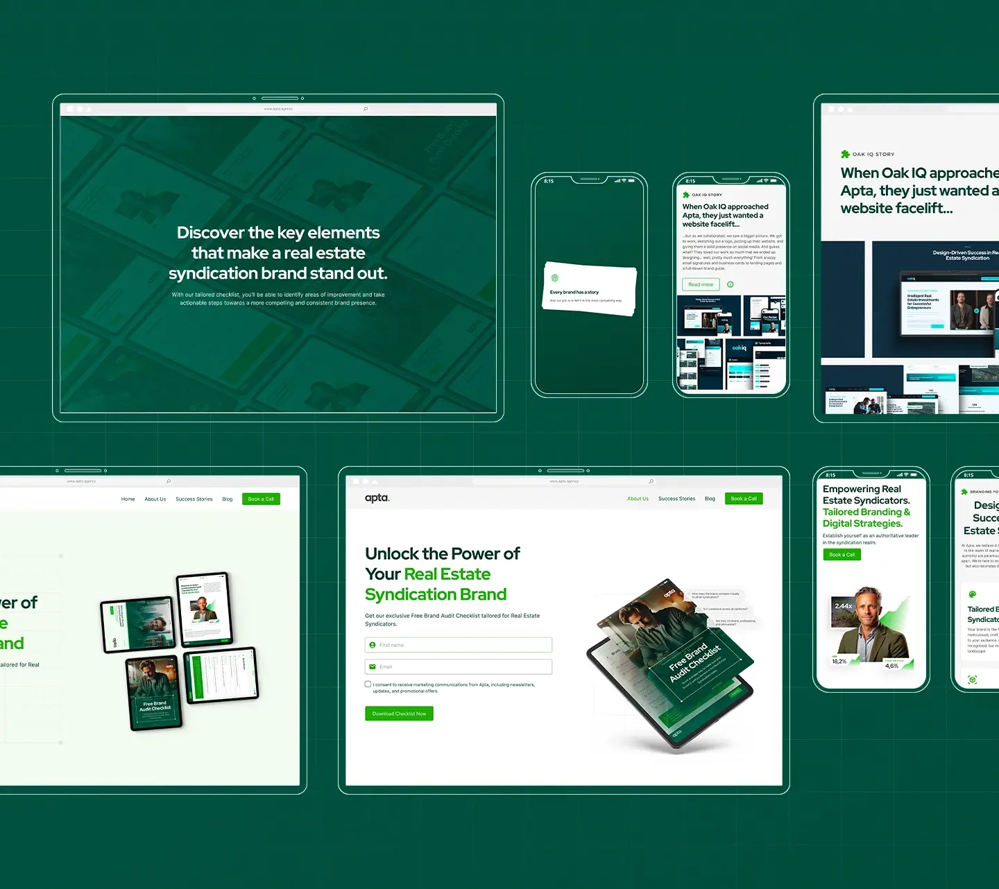 Multi-device brand application for Apta Agency spanning landing pages, blog, and lead capture forms — ensuring consistent visual identity across every digital touchpoint.