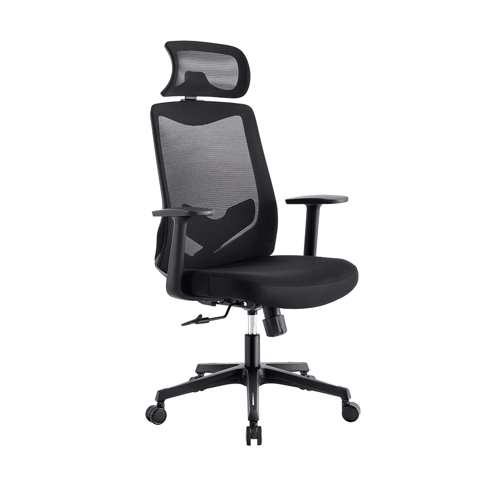 A modern ergonomic office chair features a black mesh backrest, adjustable armrests, and a swivel base, ideal for enhancing comfort and productivity in an office setting.
