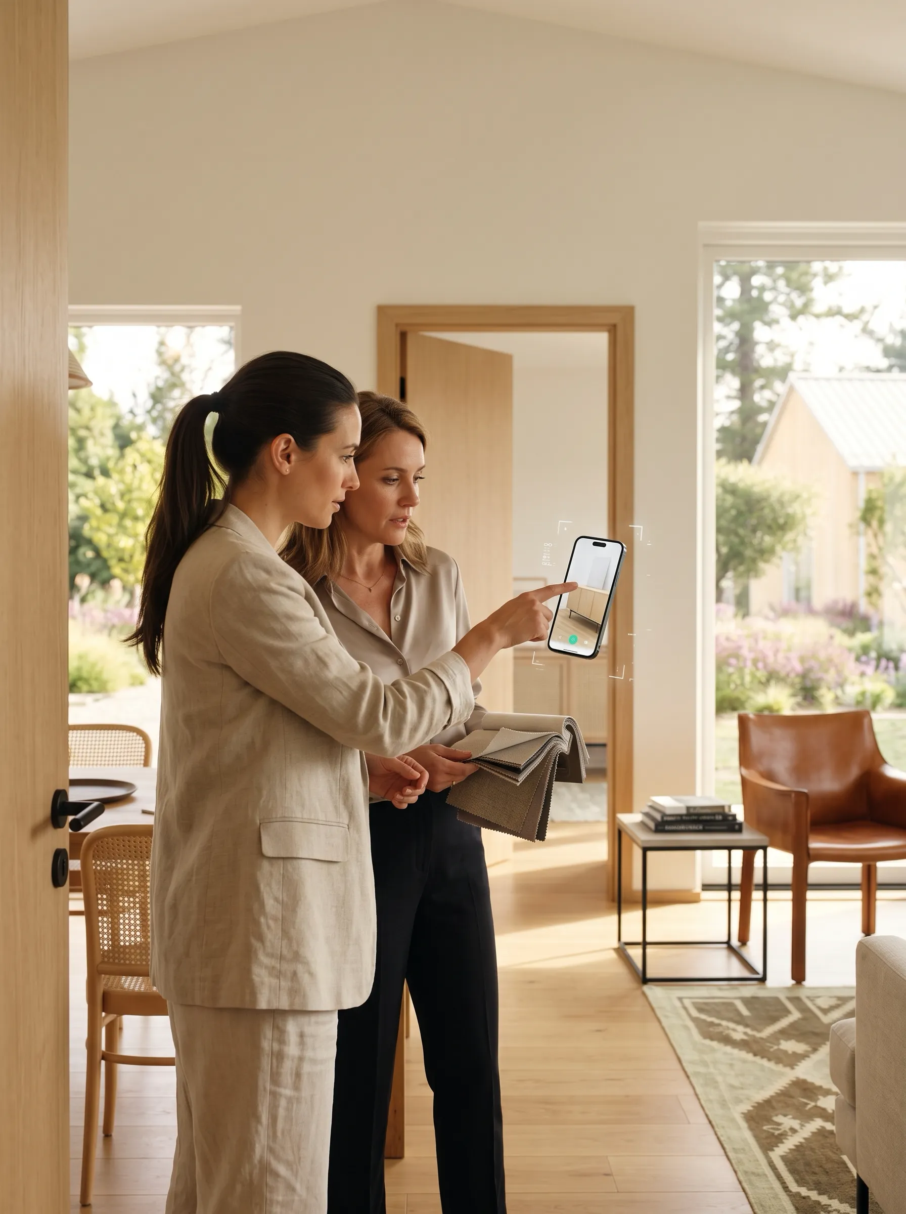 Two interior designers comparing fabric samples and an augmented-reality room preview