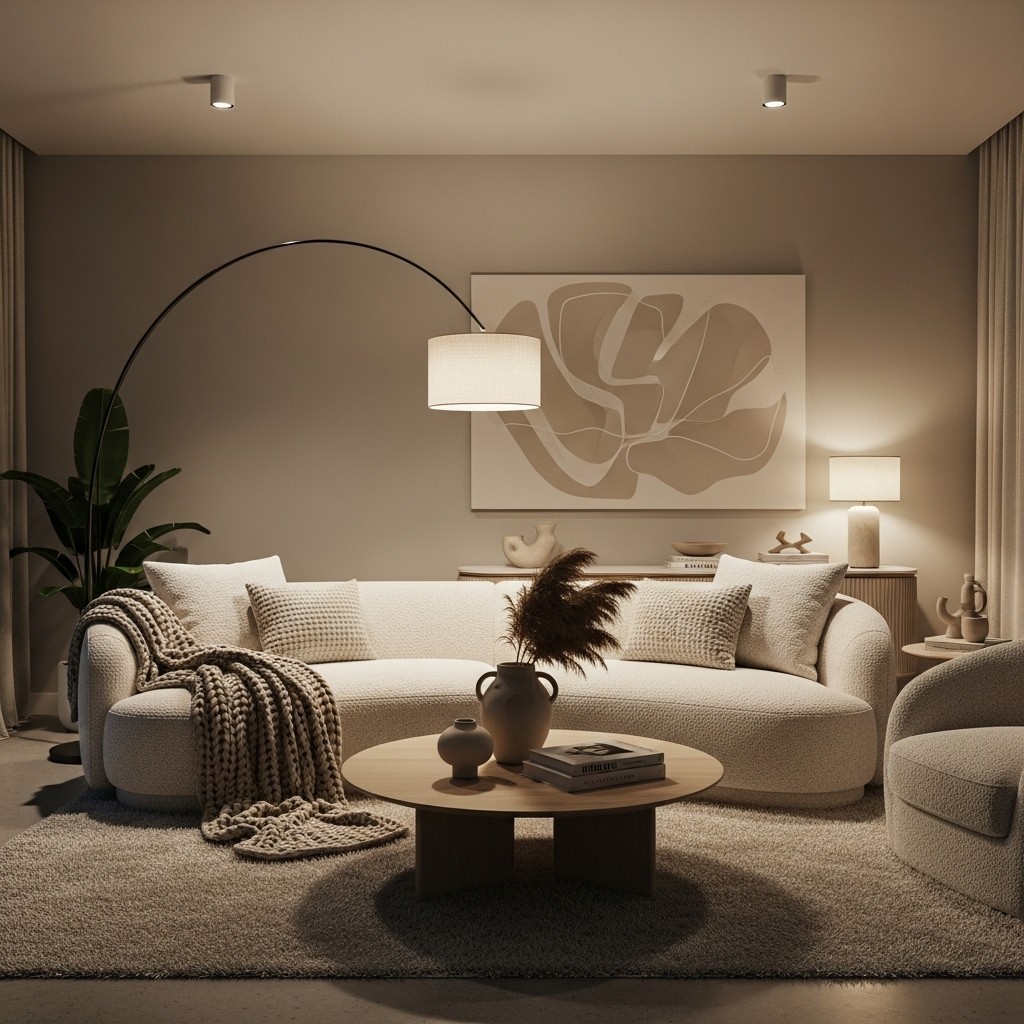 Soft modern living room concept with curved seating and warm neutral styling.