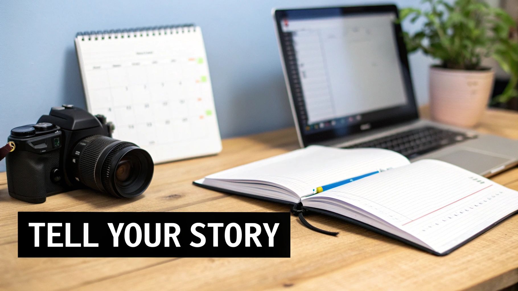 A camera, calendar, laptop, and open notebook on a wooden desk, with 'TELL YOUR STORY' text overlay.