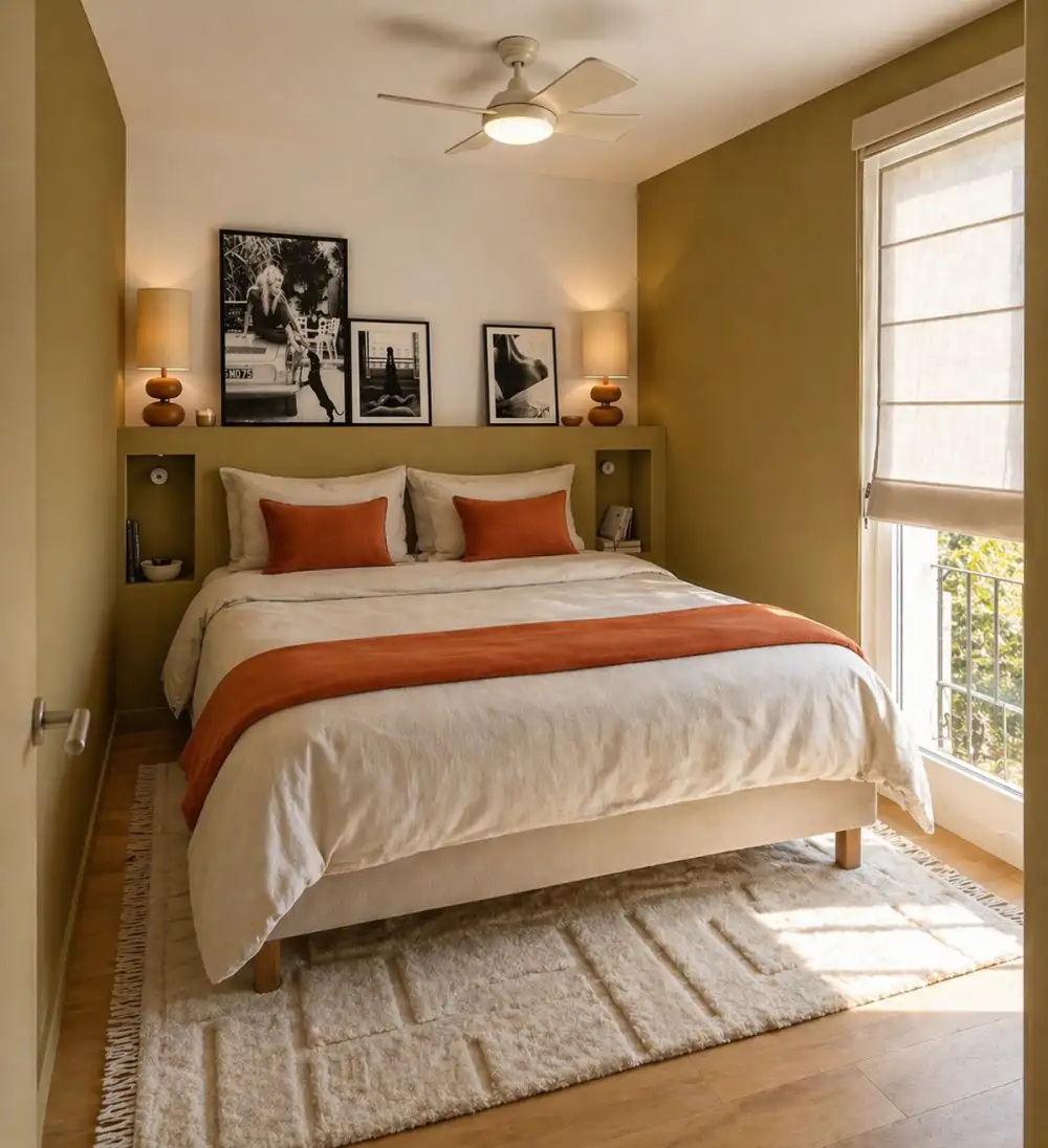 Chambre d'un appartement familial des Hauts-de-Seine avec murs kaki, tête de lit intégrée avec niches, coussins terracotta et ventilateur de plafond