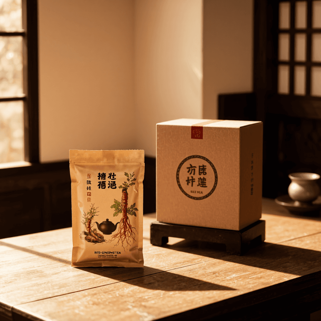 product photography of a packet of red ginseng tea