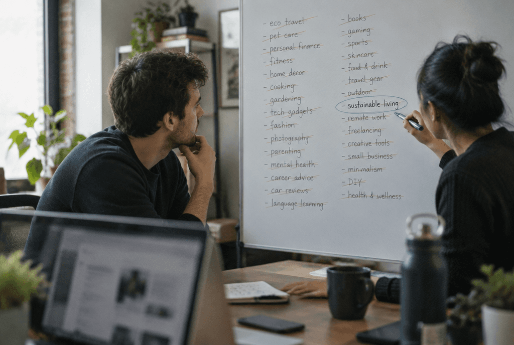 Two founders narrowing a list of directory niche ideas on a whiteboard