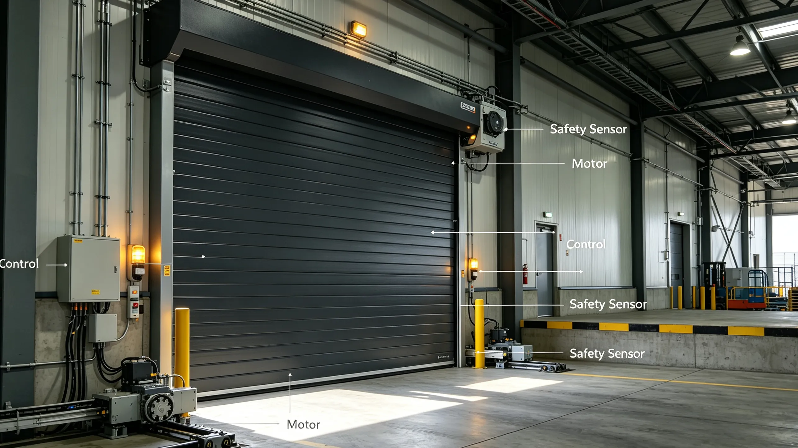 Main components of an industrial door automation system including motor controller and safety sensors