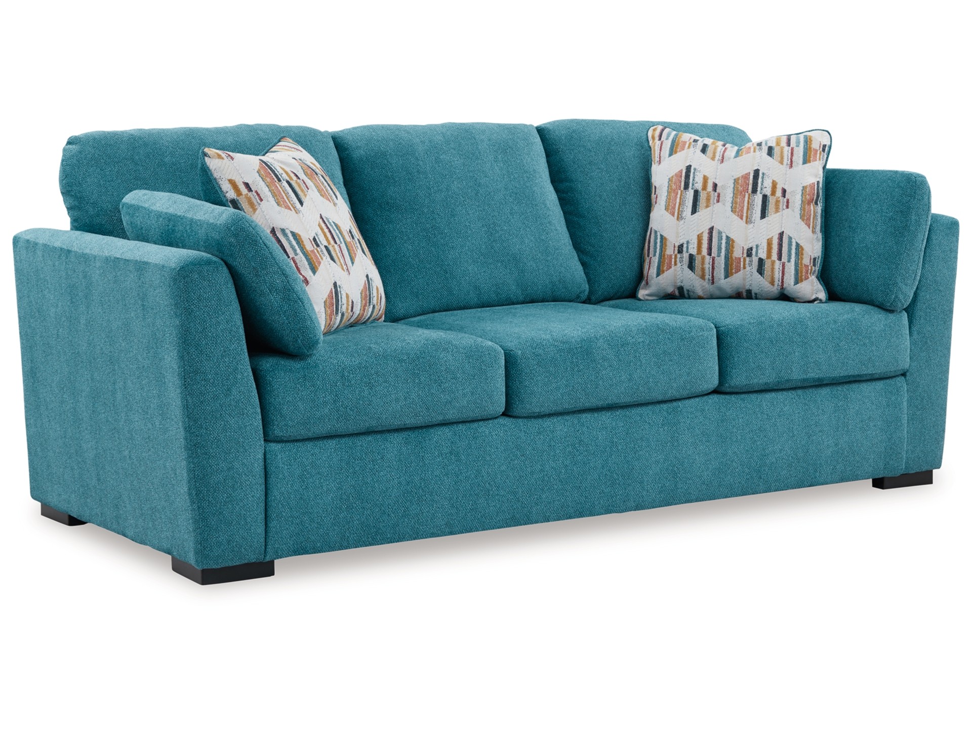 Teal sleeper sofa with a modern design, offering cozy seating and a convenient bed option for versatile spaces.