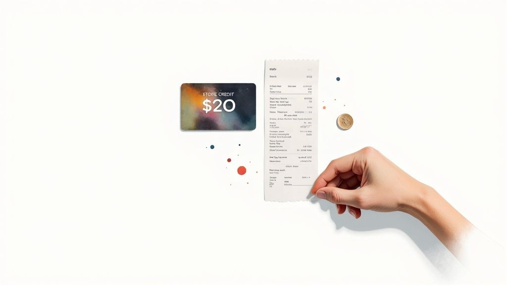 A hand holds a retail receipt next to a $20 store credit card and a coin.