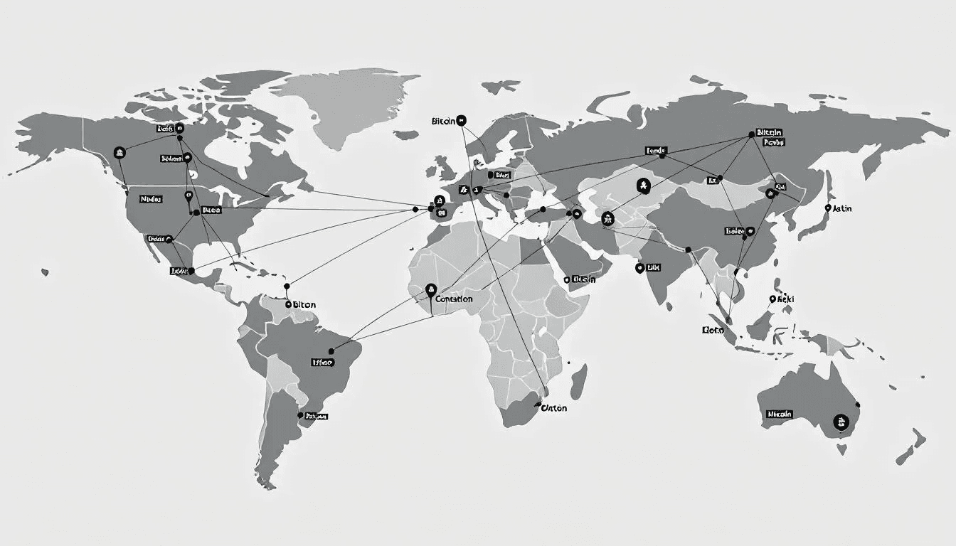 The image depicts a global network diagram showcasing interconnected computers that represent various types of bitcoin nodes, including full nodes and lightweight nodes. It illustrates how these nodes work together to validate transactions, maintain the integrity of the bitcoin blockchain, and ensure the overall security and decentralization of the entire bitcoin network.