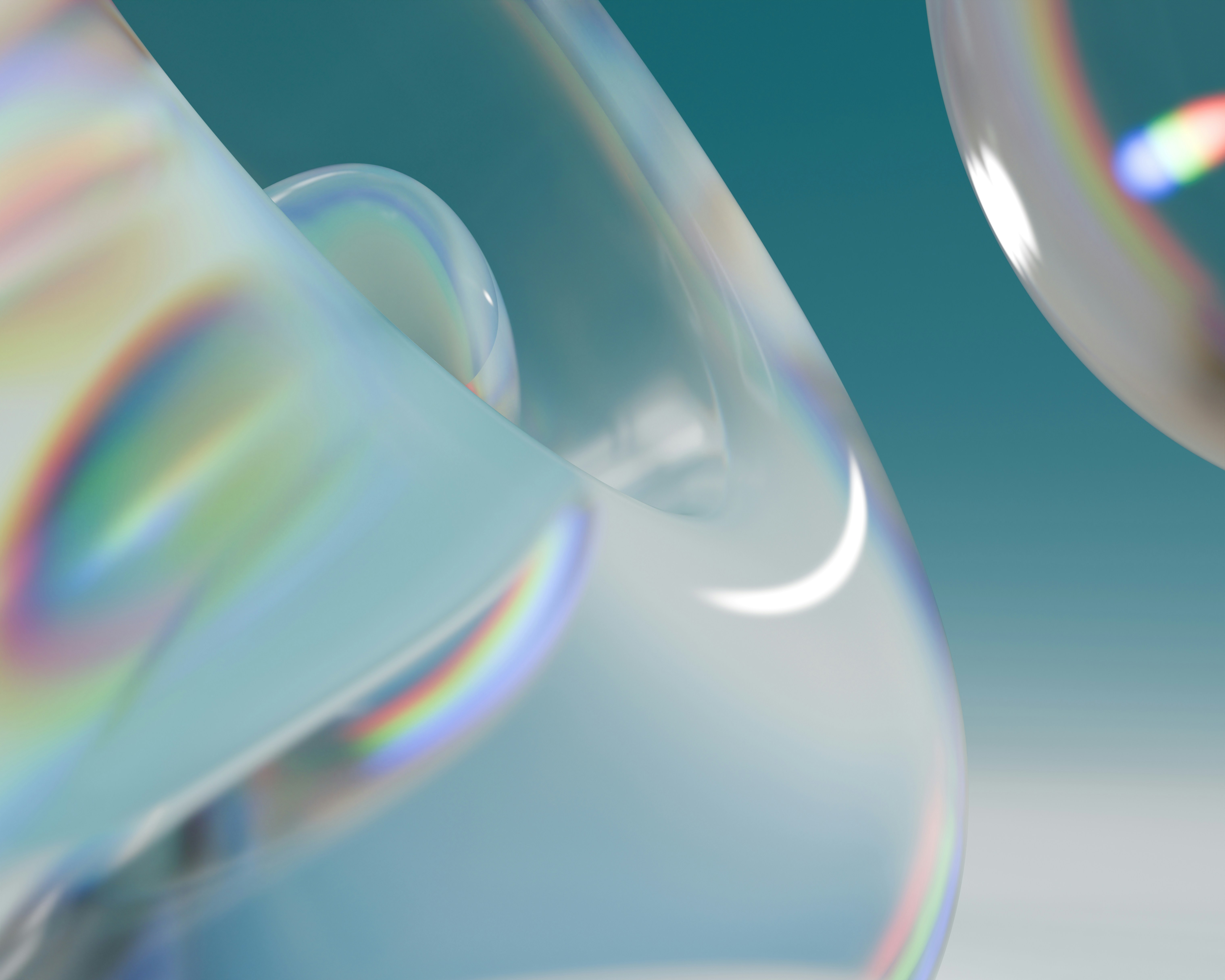 Abstract iridescent glass shapes with rainbow reflections