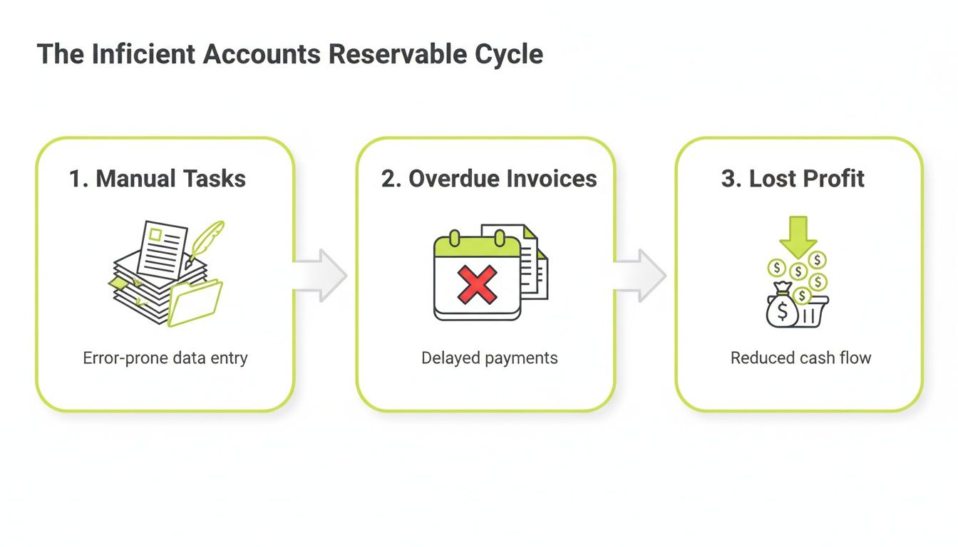 Diagram illustrating the inefficient accounts receivable cycle, leading from manual tasks to overdue invoices and lost profit.