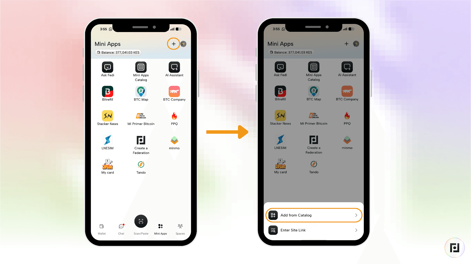 Fedi Mini Apps screen with the plus icon tapped, revealing the Add from Catalog and Enter Site Link options