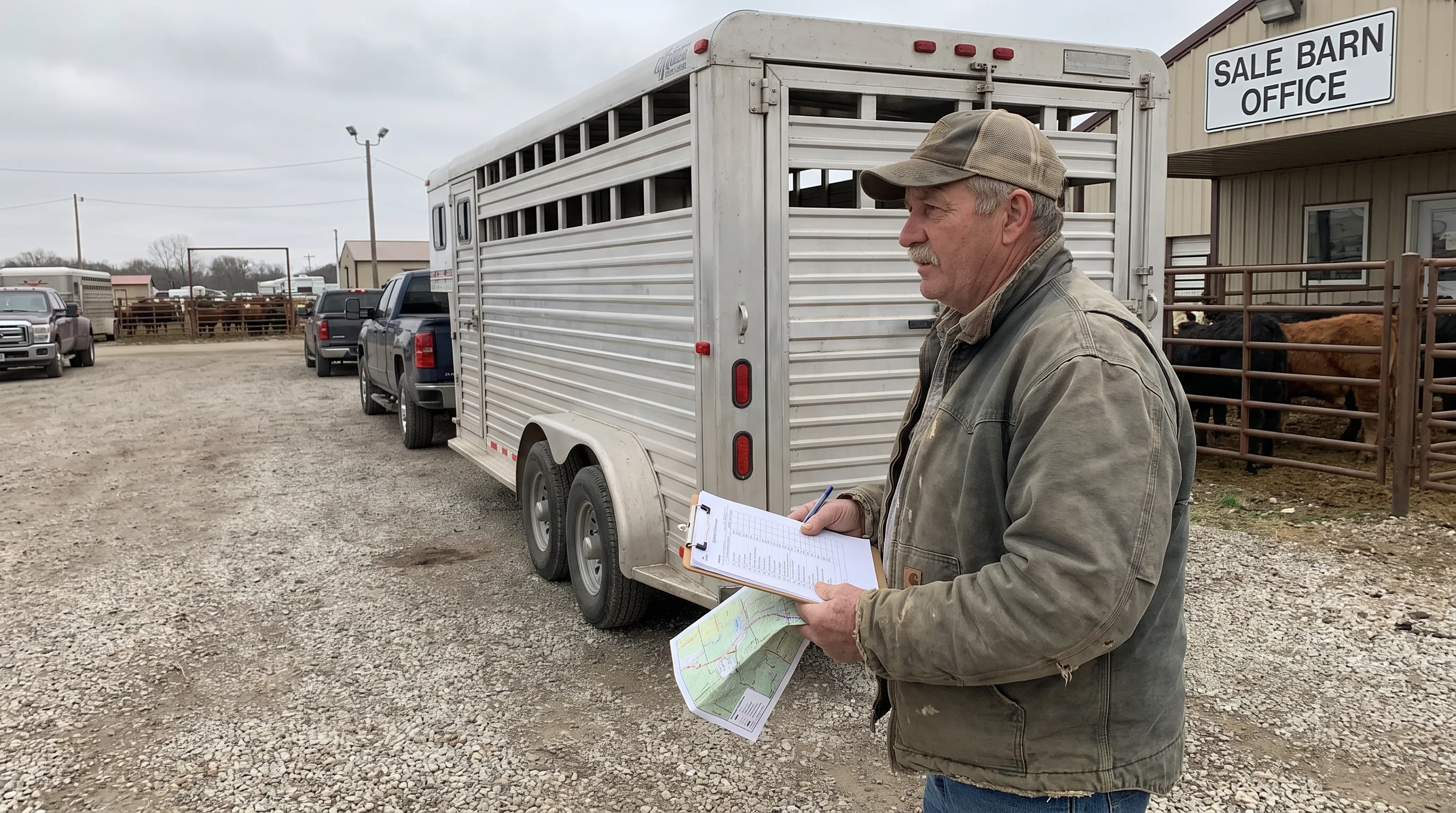 A cattle hauler compares a checklist and route map beside a stock trailer at a sale barn.