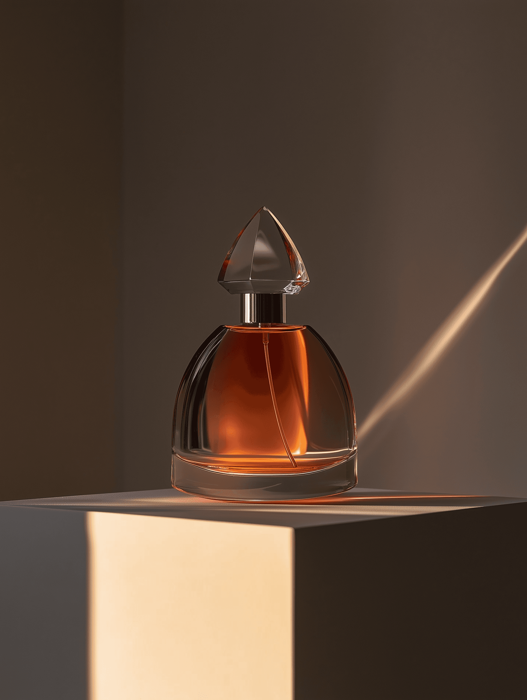 Elegant perfume bottle with amber liquid and crystal-like cap on a pedestal, bathed in warm light and surrounded by soft shadows.