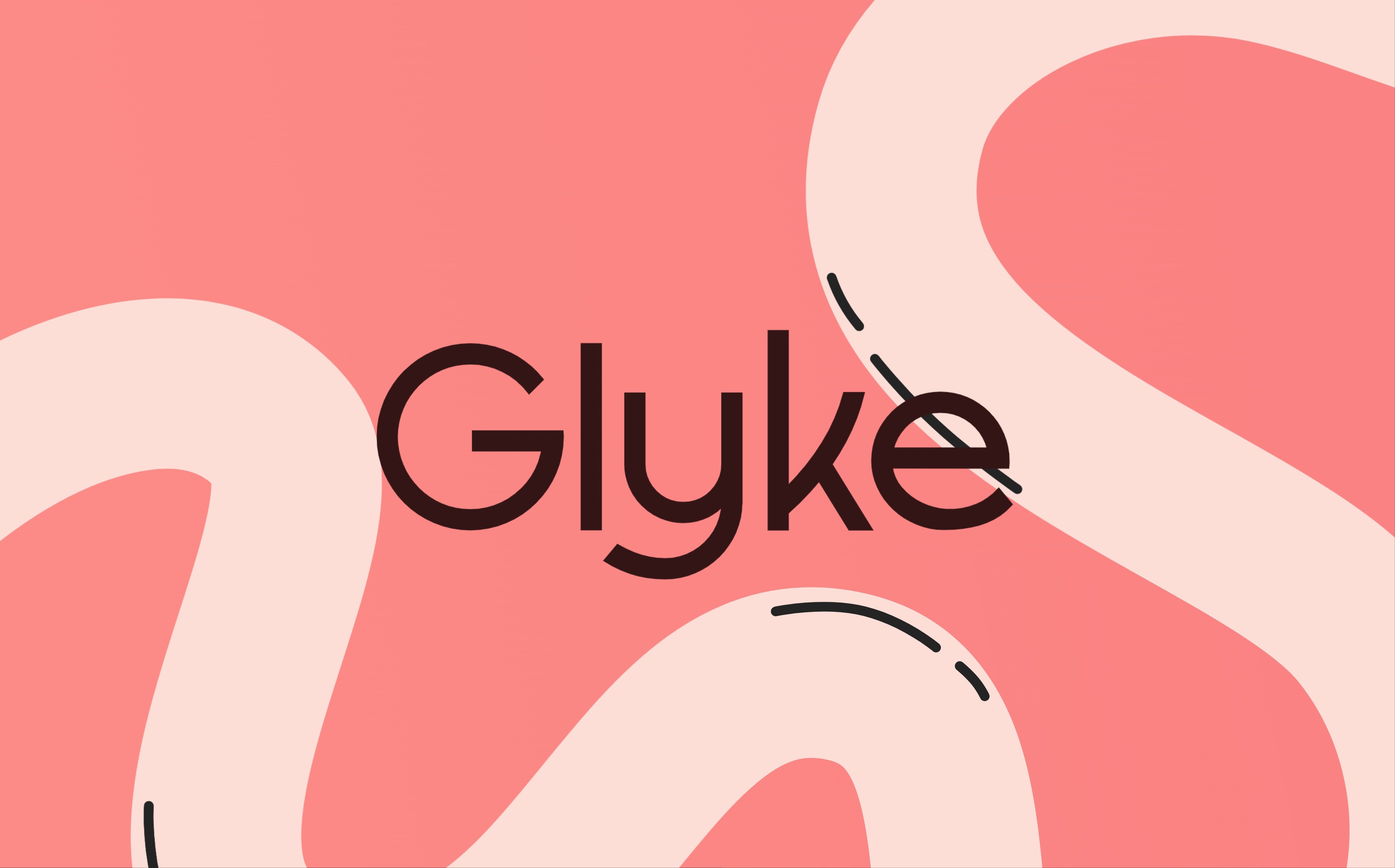 A modern and minimalist design featuring the word "Glyke" in bold, black lettering on a trendy salmon pink background, accentuated by abstract, curving white lines, creating a sleek and stylish look.