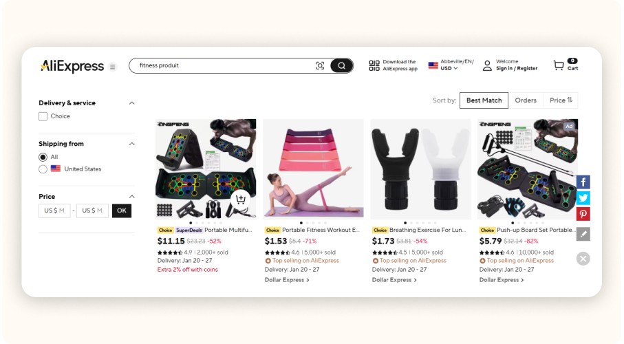 Fitness product search results on AliExpress