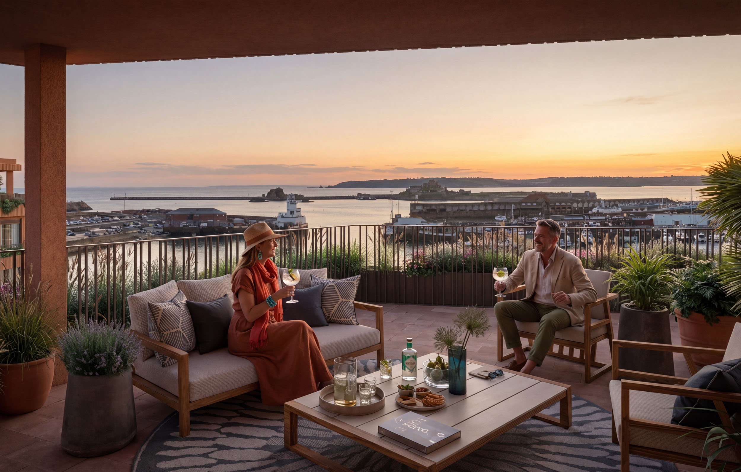 Architectural CGI render of luxury balcony with harbour view.