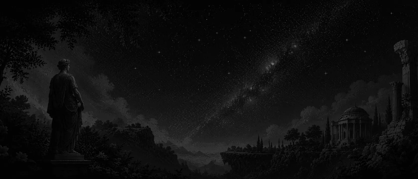 Zineddine Kessaimi creator banner featuring a dark classical landscape with ancient ruins and a starry sky.
