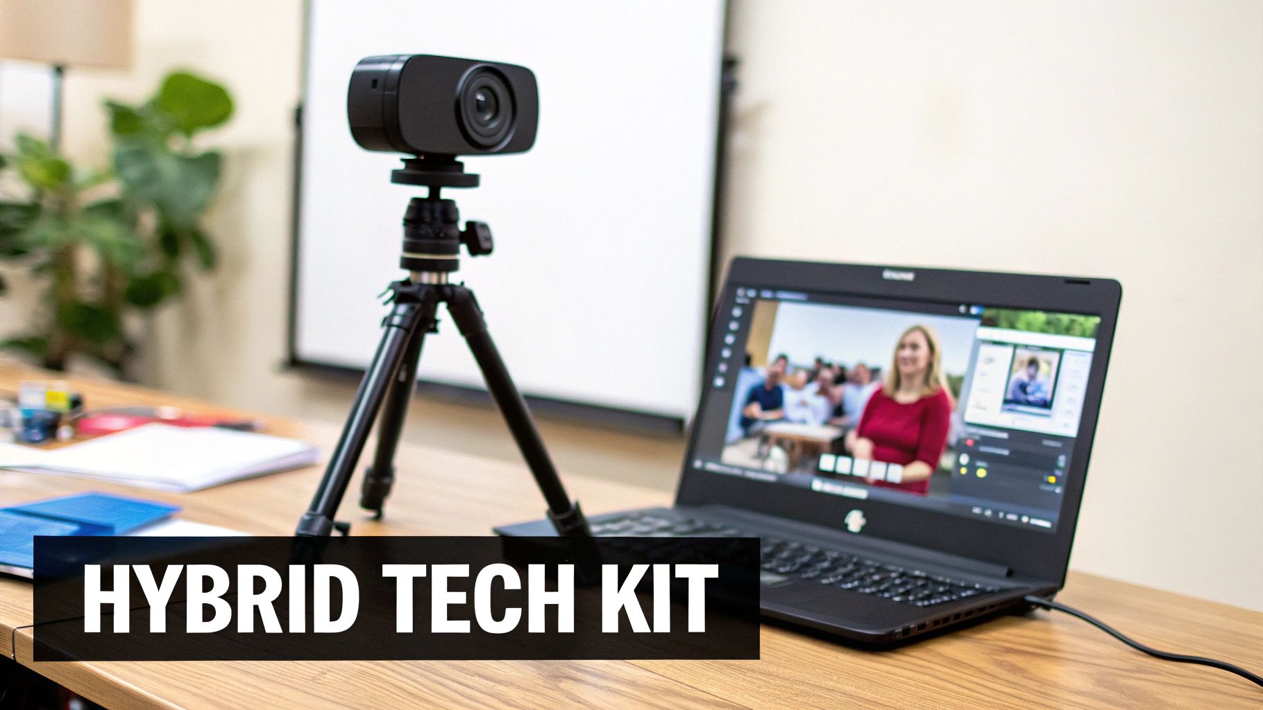 A camera on a tripod next to a laptop displaying a hybrid meeting, with 'HYBRID TECH KIT' text.