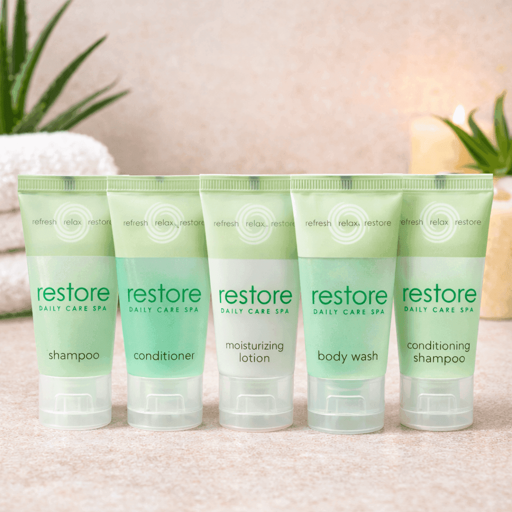Collection of Restore Daily Care Spa travel-size toiletries including shampoo, conditioner, body wash, conditioning shampoo and moisturizing lotion displayed in a spa setting with aloe accents