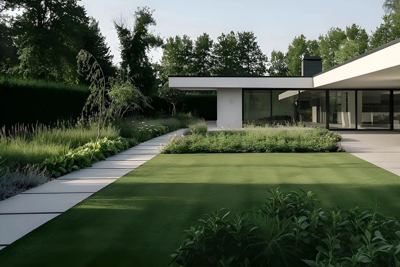 Residential garden after landscaping with fresh lawn installation — After