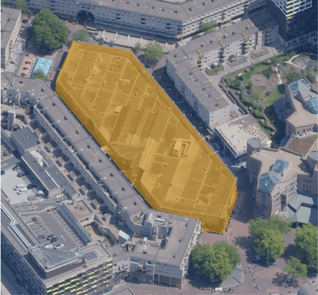 Bovenaanzicht Bijlmerplein met ingekleurd werkgebied