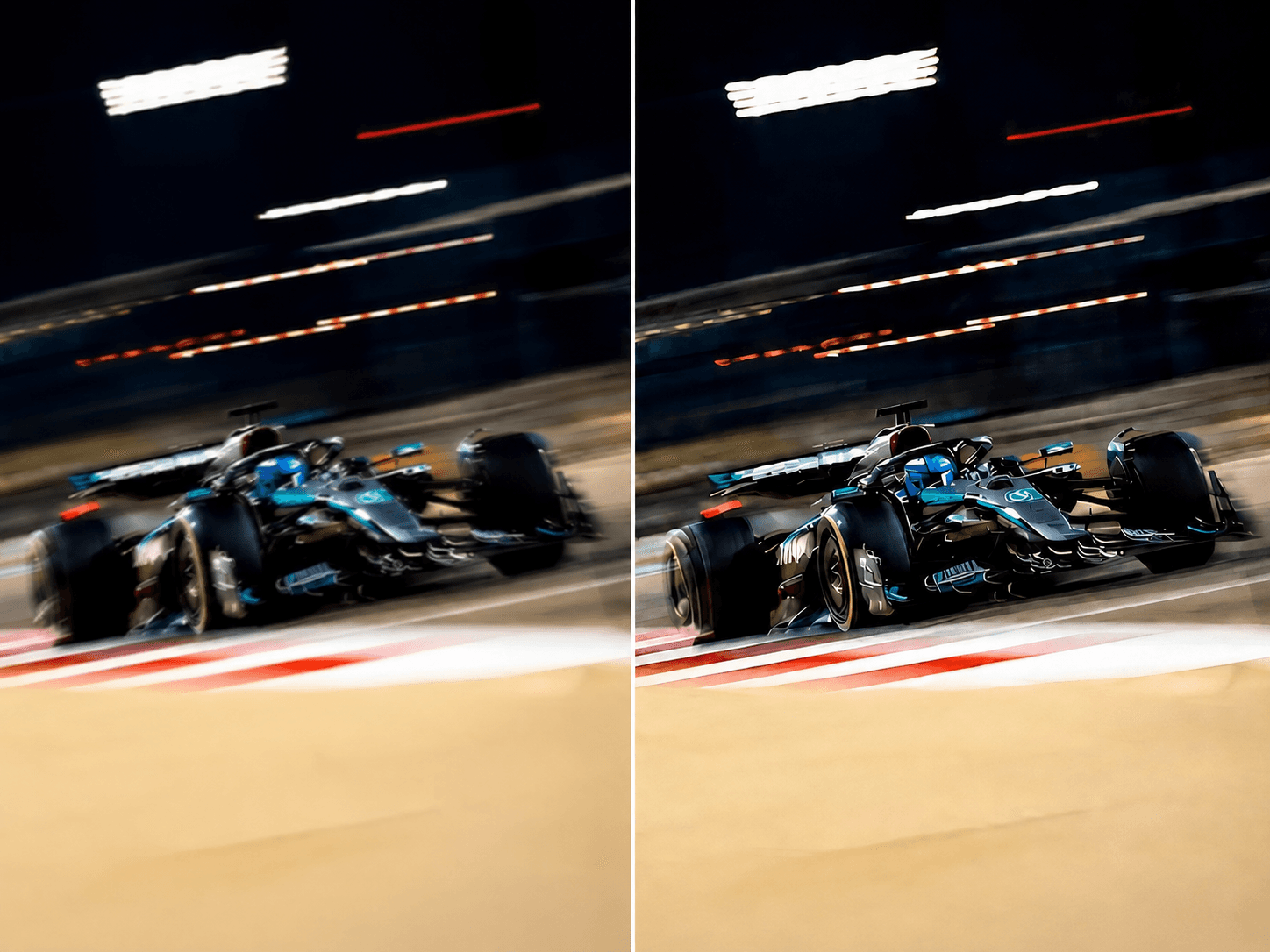 Blurry blue Formula racing car before and after AI enhancement