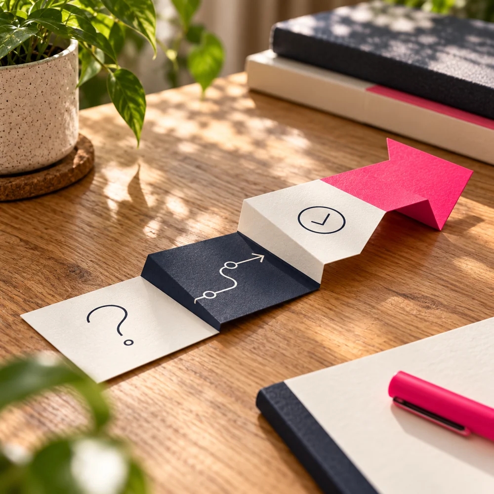 Un chemin de papier plié relie une question, un parcours et une validation à une flèche rose qui avance.